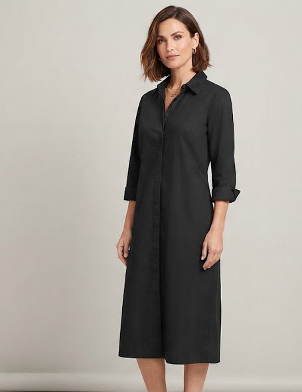 Talbots Midi Shirt Dress Size 10 Black Button Front Collared Stretch Career